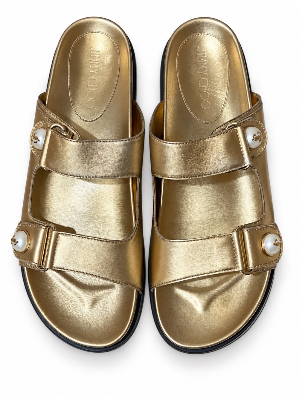 Jimmy Choo Gold Metallic Leather Pearl-Embellished Slide Mules